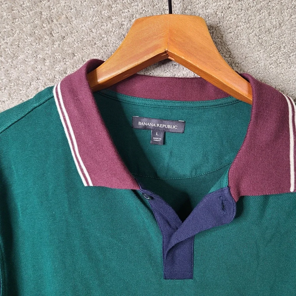 Banana Republic Shirt Mens L Green Blue Red Colorblock Polo Cotton Short Sleeve